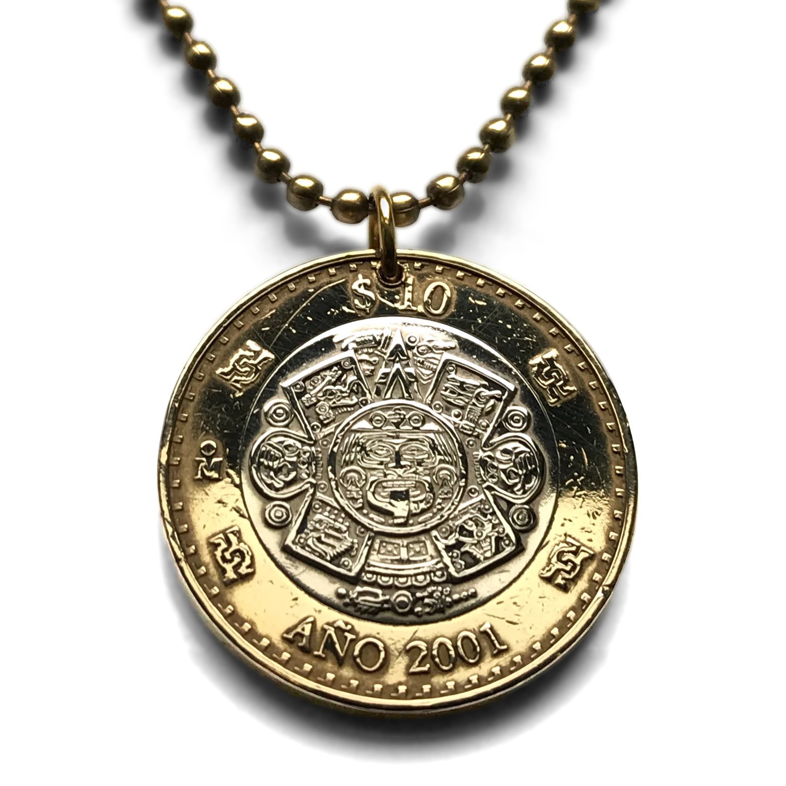 2001 Mexico 10 coin pendant Aztec sun stone calendar Piedra de Sol Mexica 002811