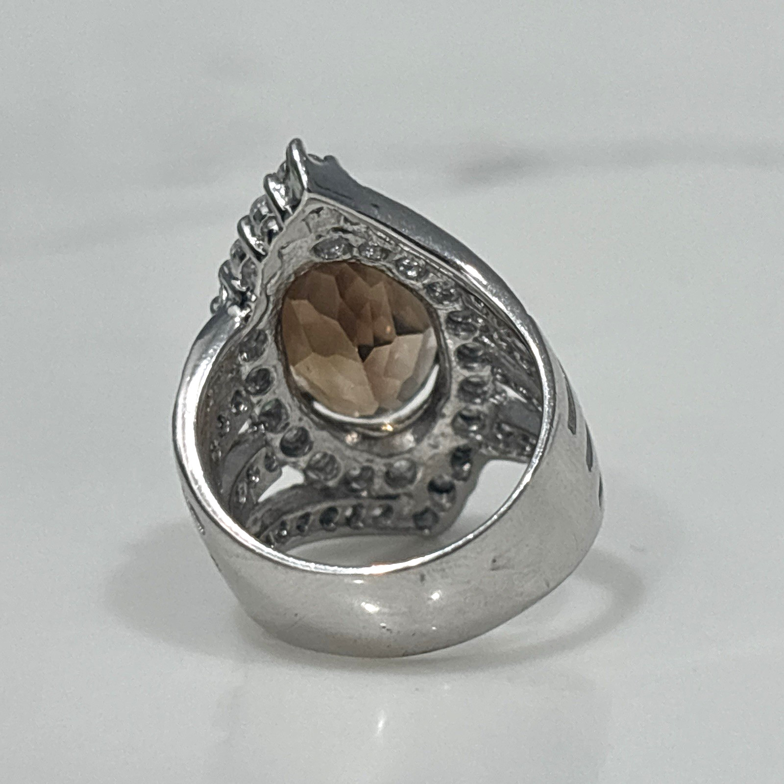 Sterling Silver Ring Statement Cocktail Brown Orange Stone CZ Split Shank 6.5