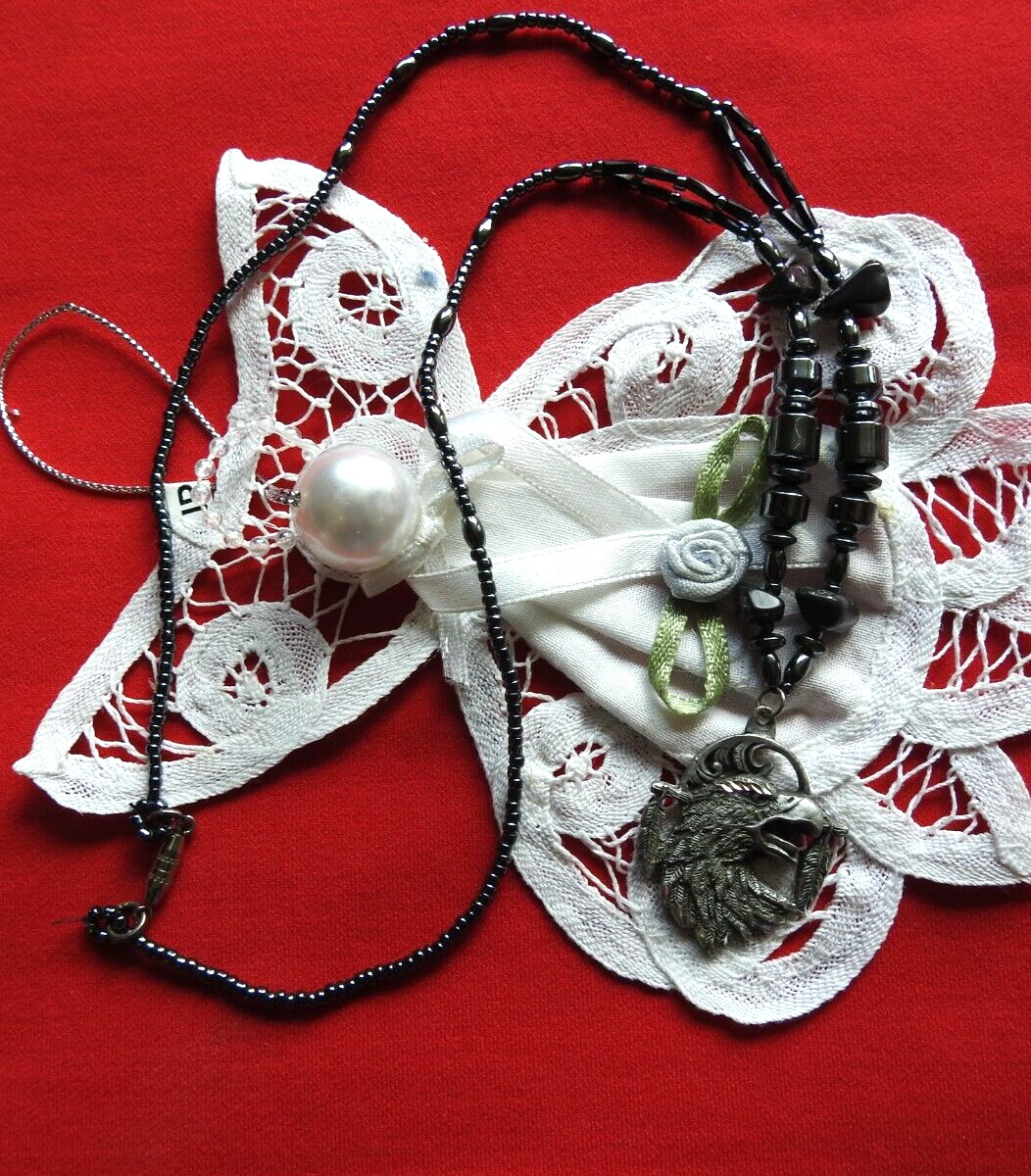 Hematite 21 1/2″ Necklace 1996 Sisk Siskiyou Pewter Eagle Pendant screw clasp