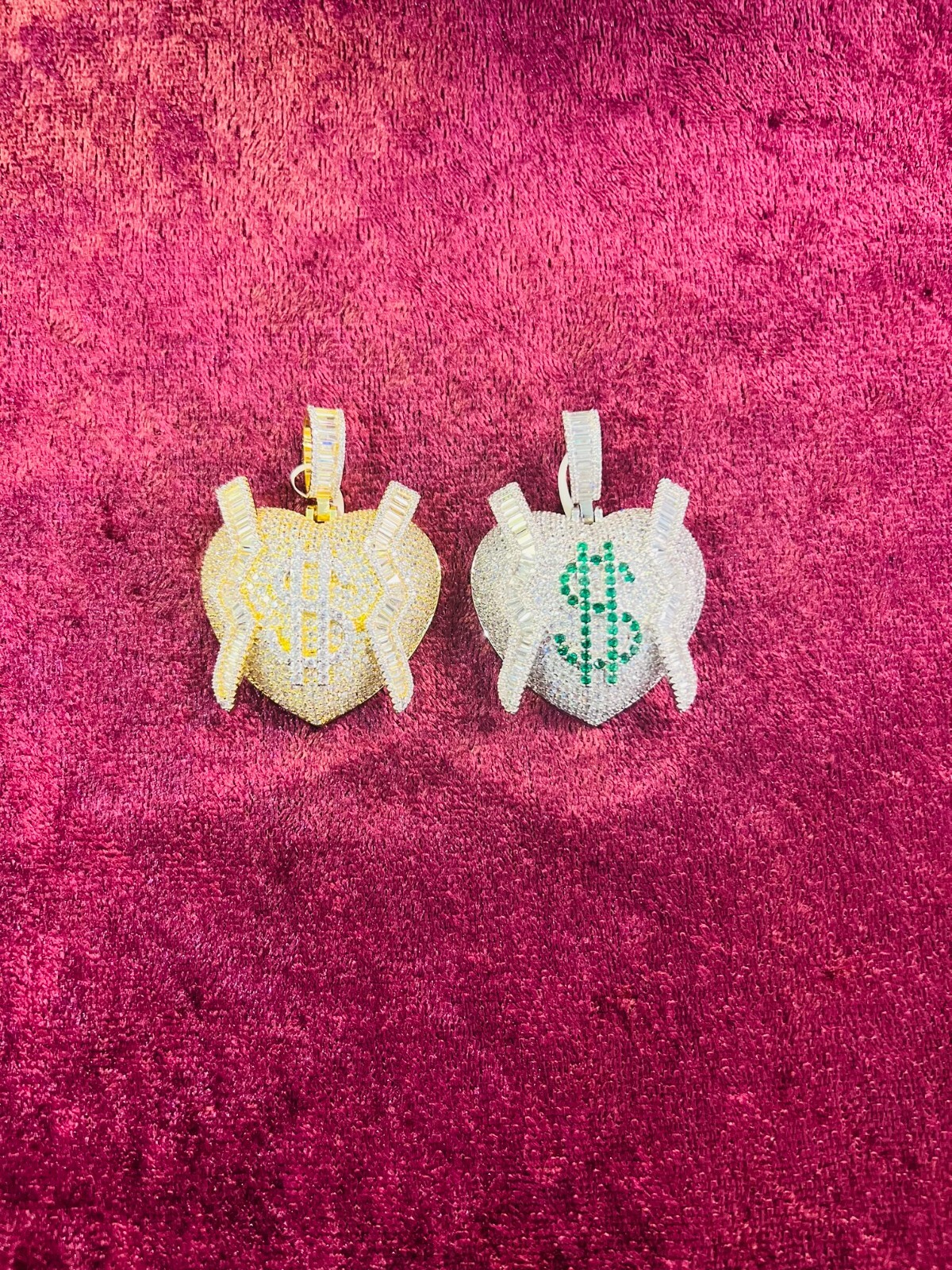14k Gold Finish Dollar Heart Hip Hop Pendant Charm w/ Rope Chain