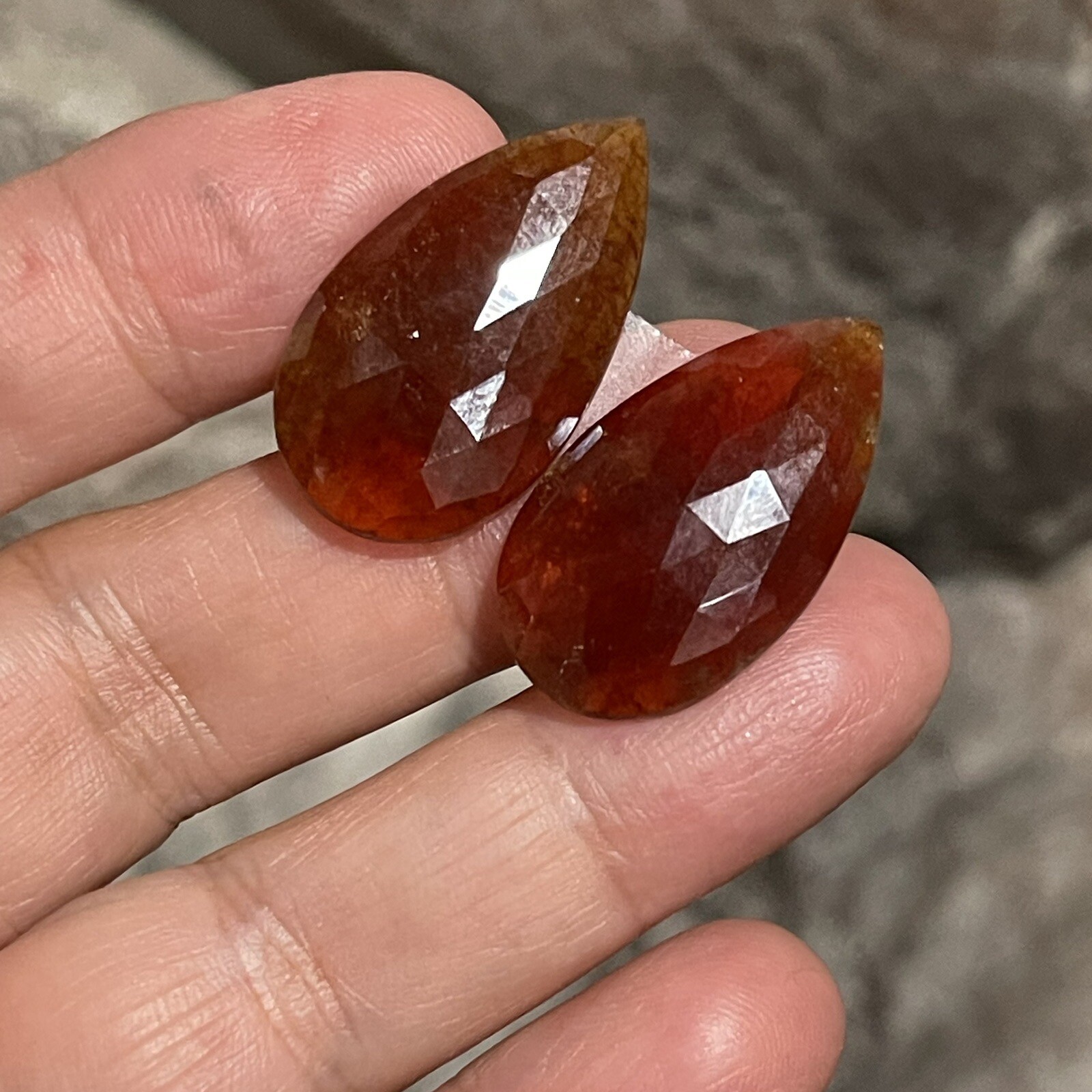 37.5ct 28x16x4.5mm Pair Fine Rose Cut Flat Back Hessonite Garnet Drop Cabochons