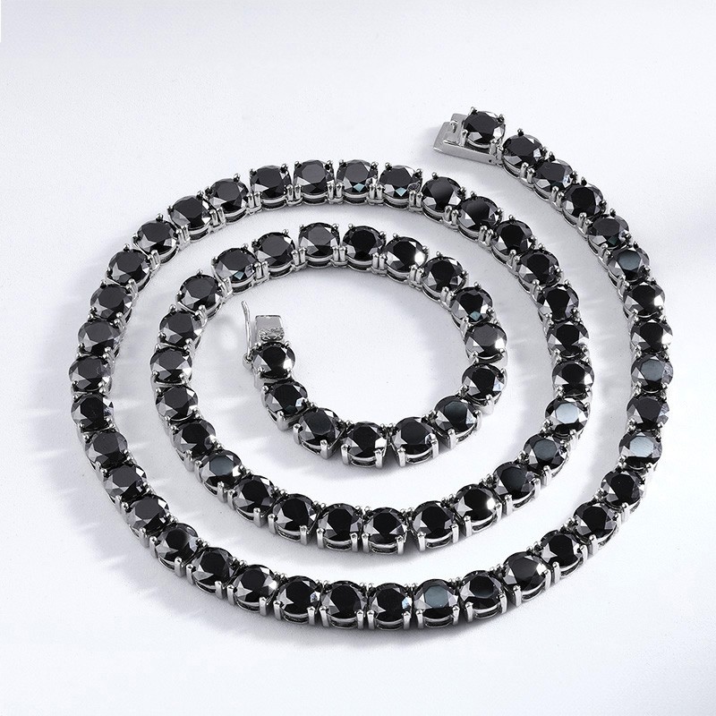 5mm D VVS1 Black Moissanite Tennis Chain Necklace Hip Hop 18K White Gold Plated