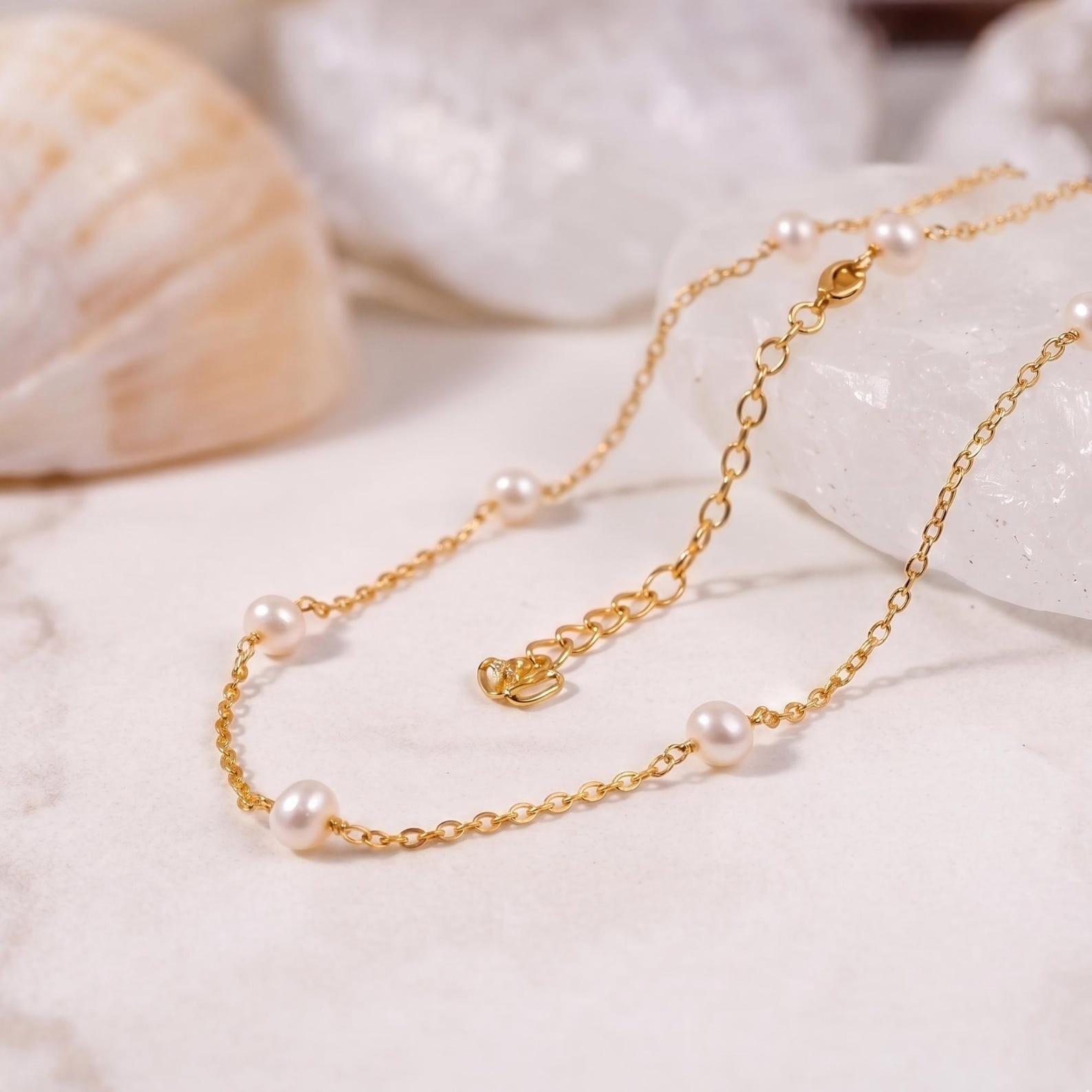 14K Gold Plated Pearl Station Necklace Dainty Tin Cup Layering Chain Jewelry Gif