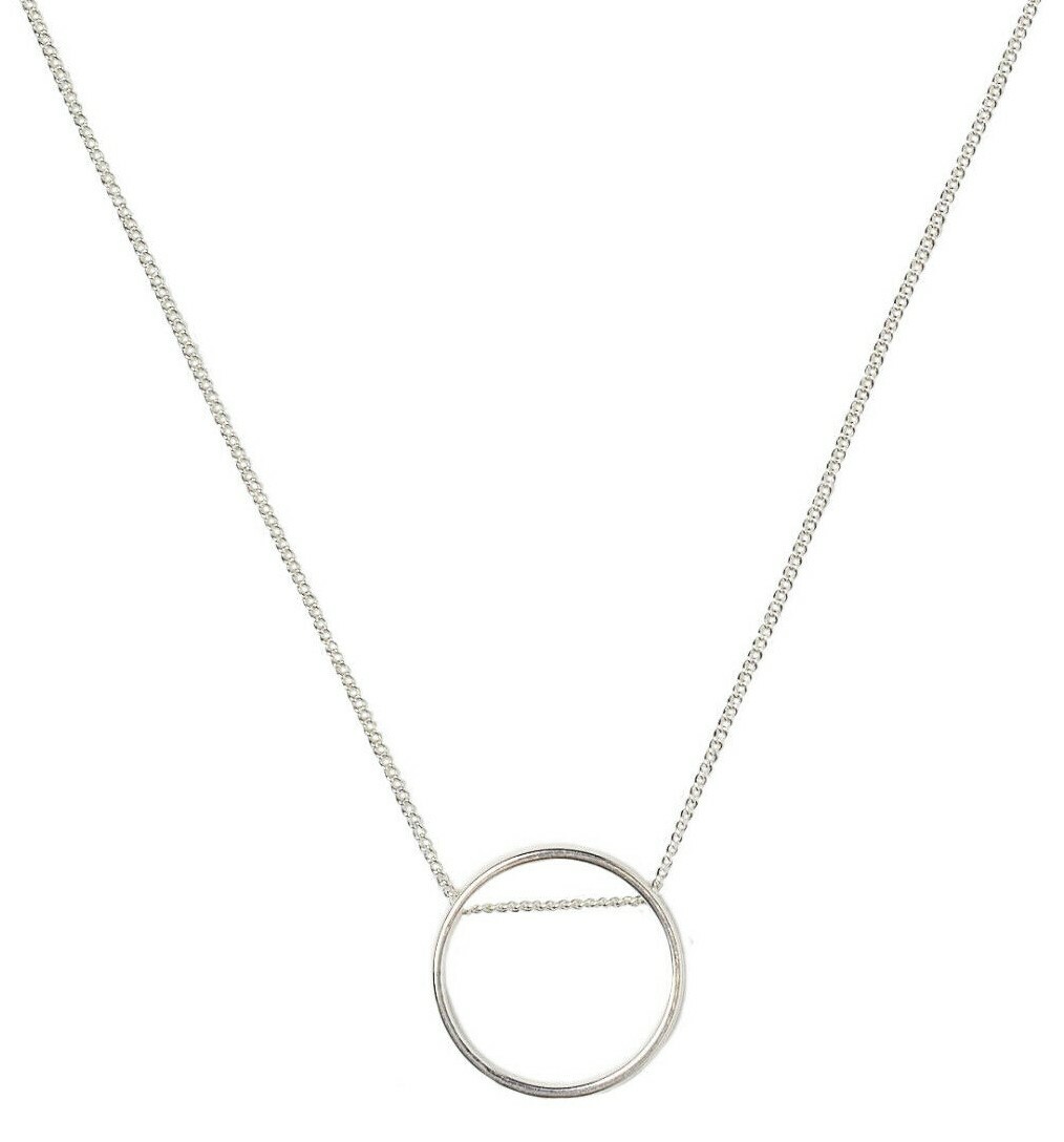 RING Pendant NECKLACE Lightweight Circle Charm 38cm Adjustable SILVER Tone Chain