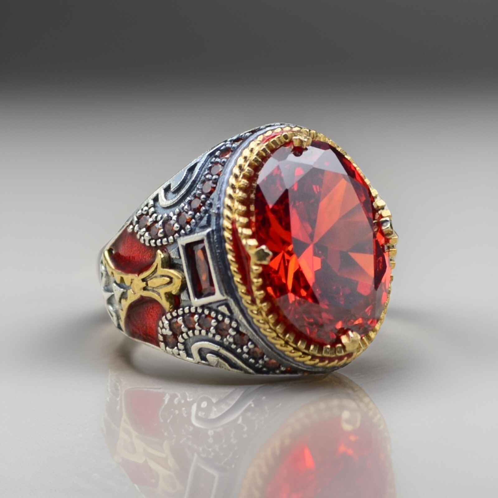 Garnet Red Men’s Ring in 925 Sterling Silver Turkish Jewelry All Size