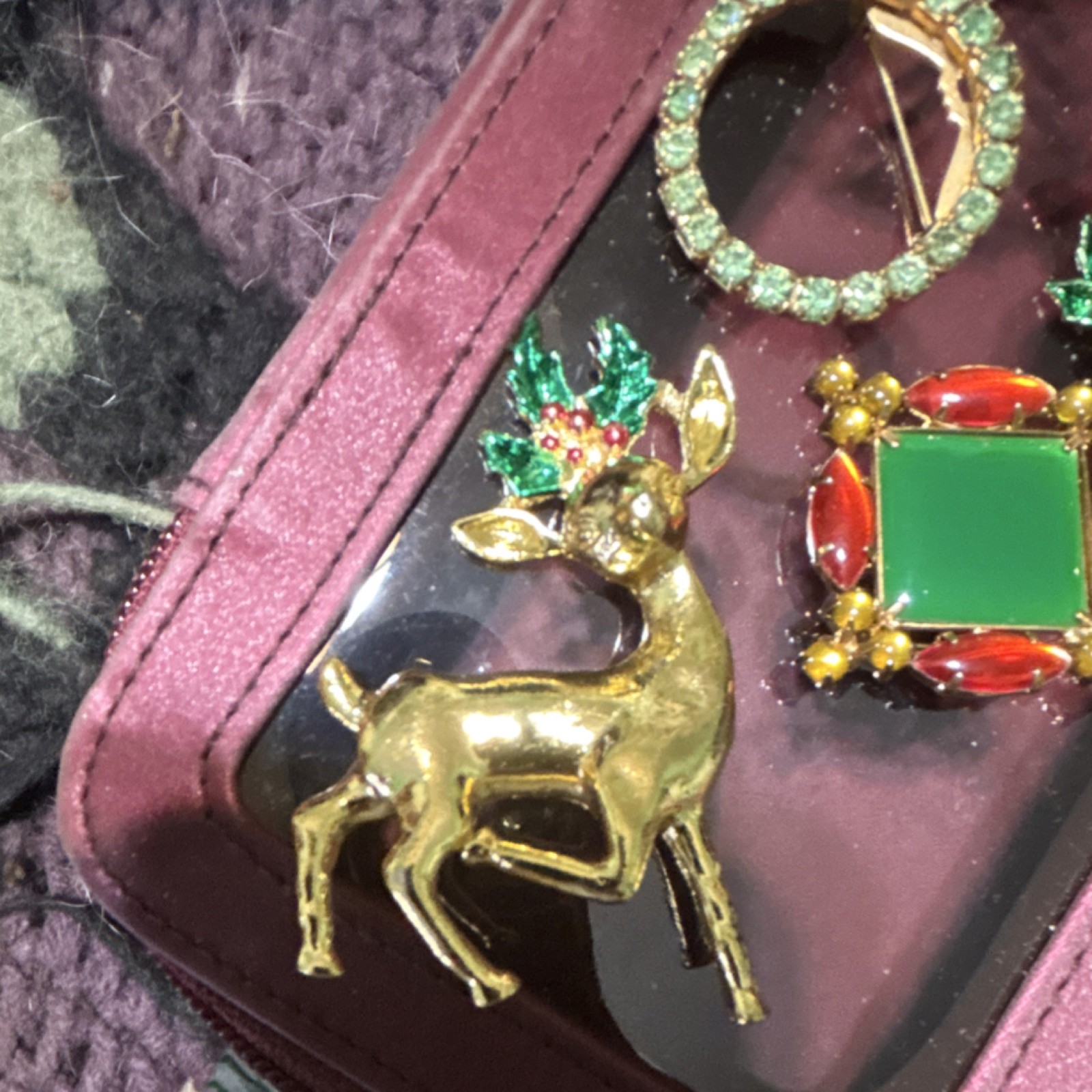 4pc Holiday Costume Brooch & Pin Mixed Lot Rhinestone Metal Tree Reindeer
