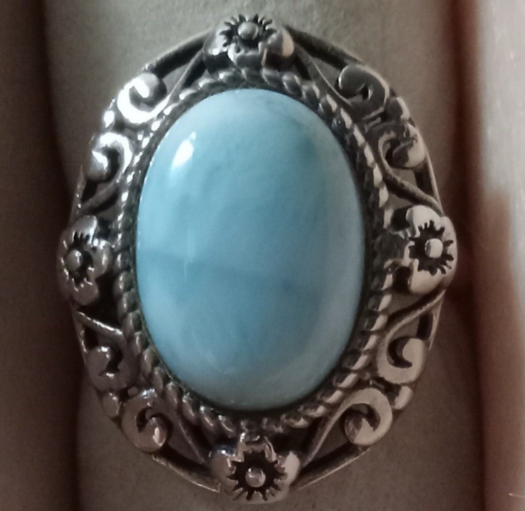 4X10MM OVAL CABOCHON LARIMAR STERLING SILVER RING SIZE 7