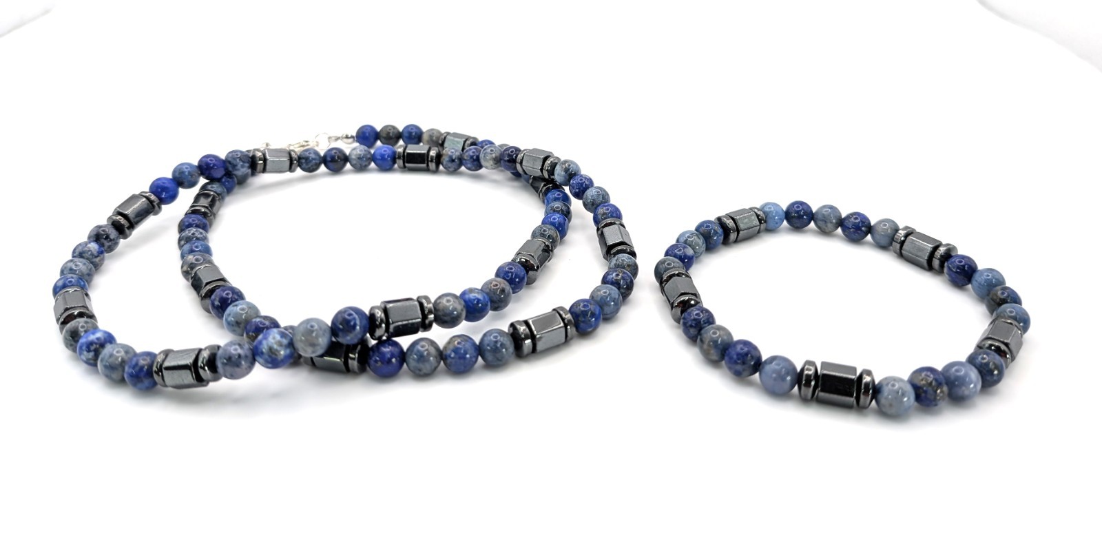 24″ Lapis Lazuli, Dumortierite, and Hematite Beaded Necklace and Bracelet Men’s