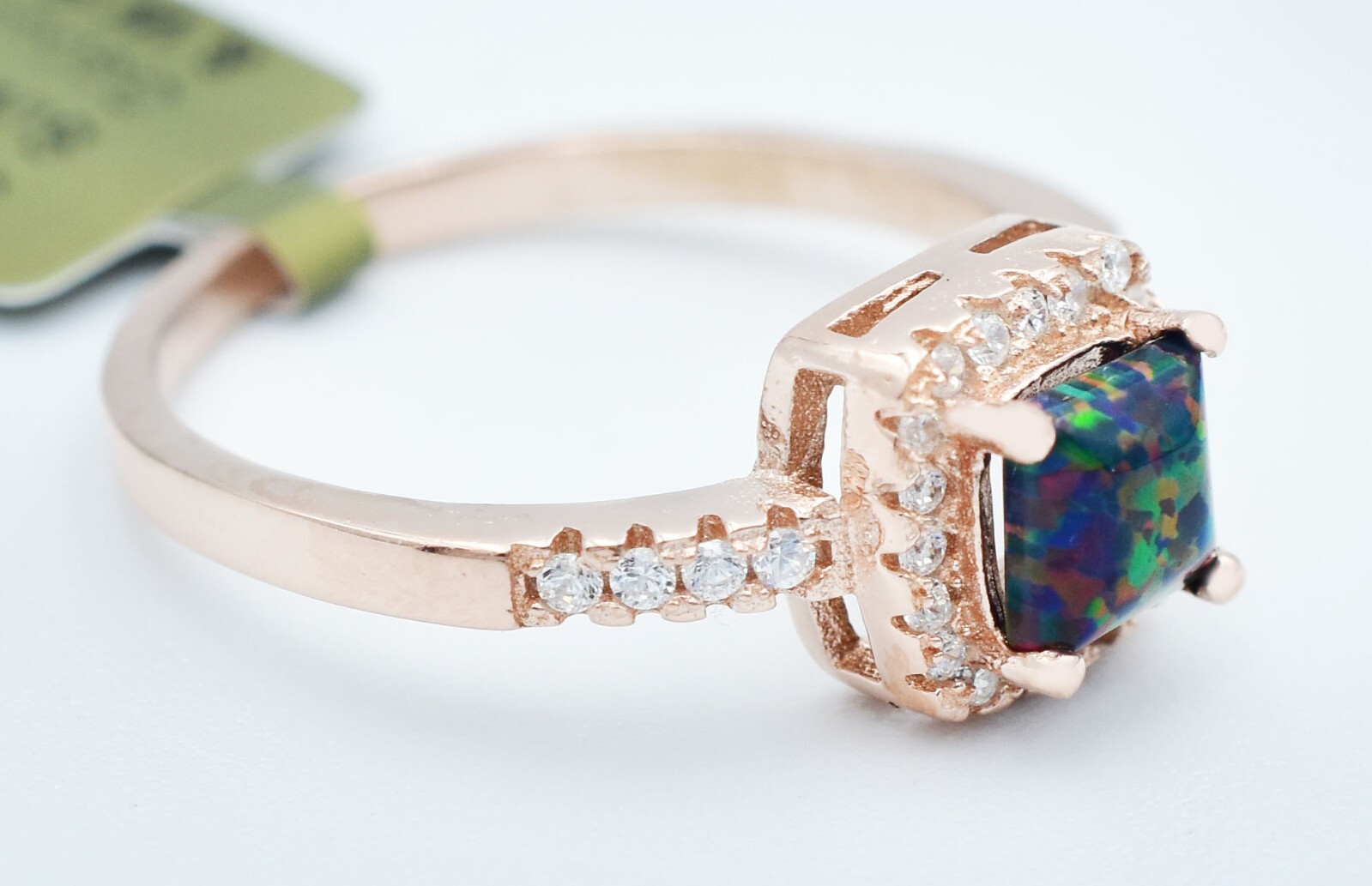 GENUINE 0.45 Cts OPAL GREEN-MULTI & W/SAPPHIRE RING 14K ROSE GOLD PLATED (.925)