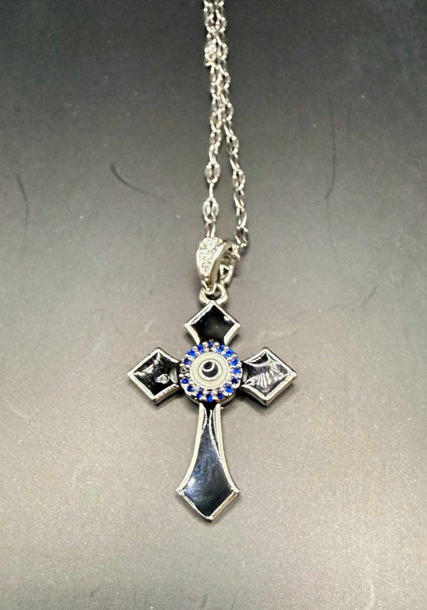 Silver Plated Cross Pendant Necklace, Blue Crystal Pavé, Cable Chain