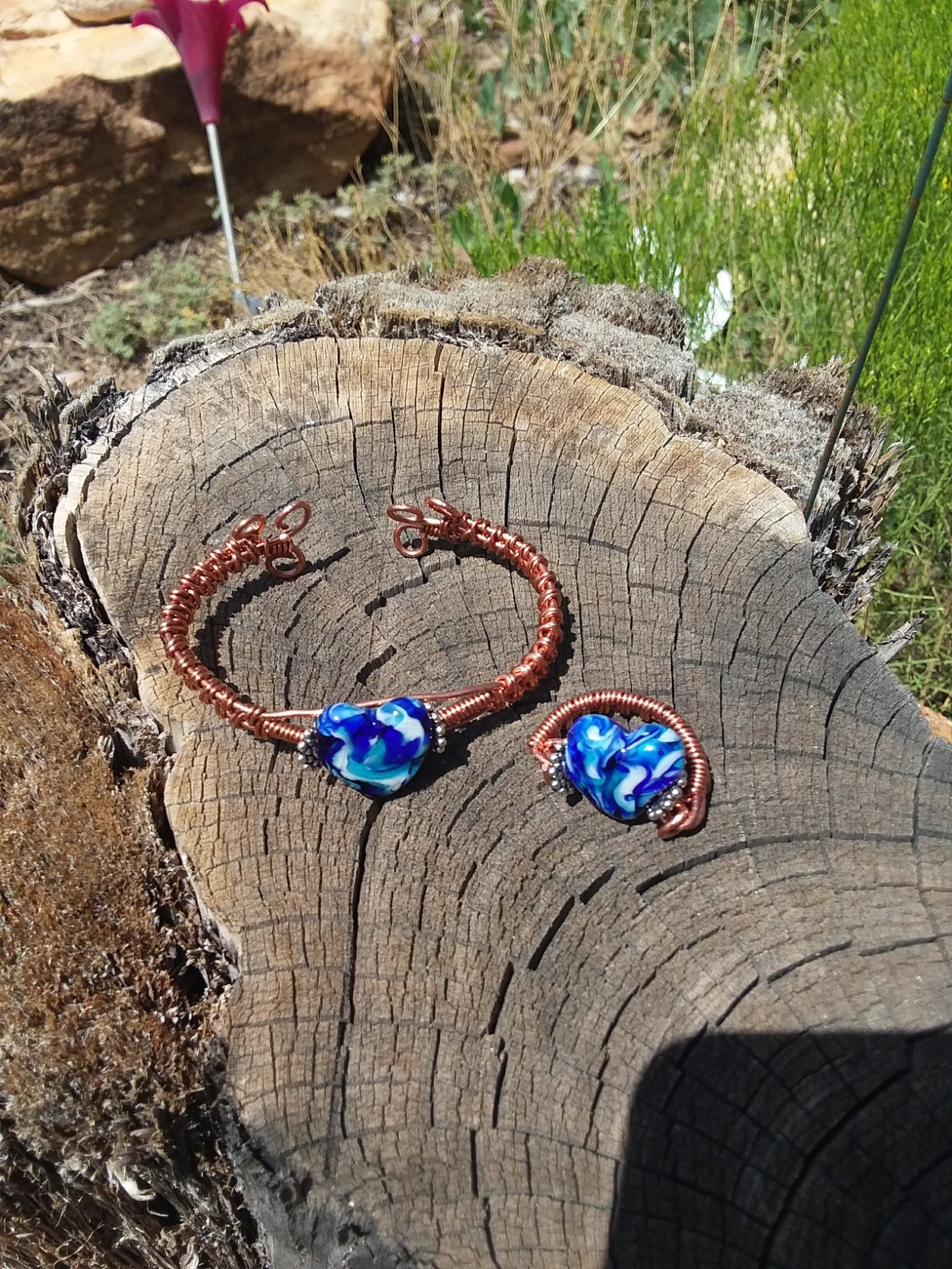 Handmade Lampwork Bead Blue Swirls, Copper Wire Cuff Bracelet And Ring To Match