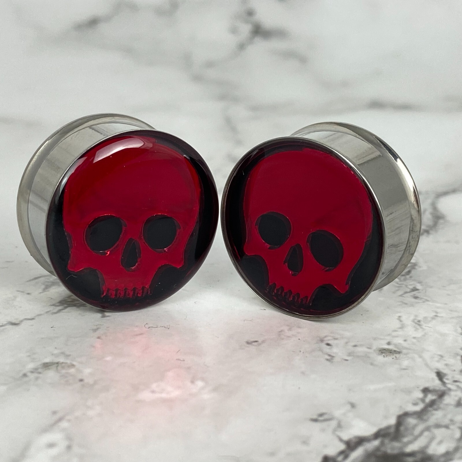 Pair of Embedded Red Chrome Skull Double Flare Plugs gauges tunnels