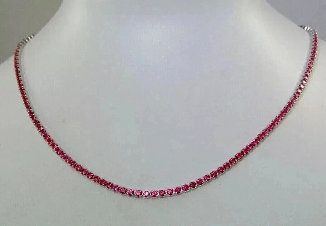 15TCW Round Lab Created Red Ruby Women’s Tennis Necklace 14K White Gold Finish