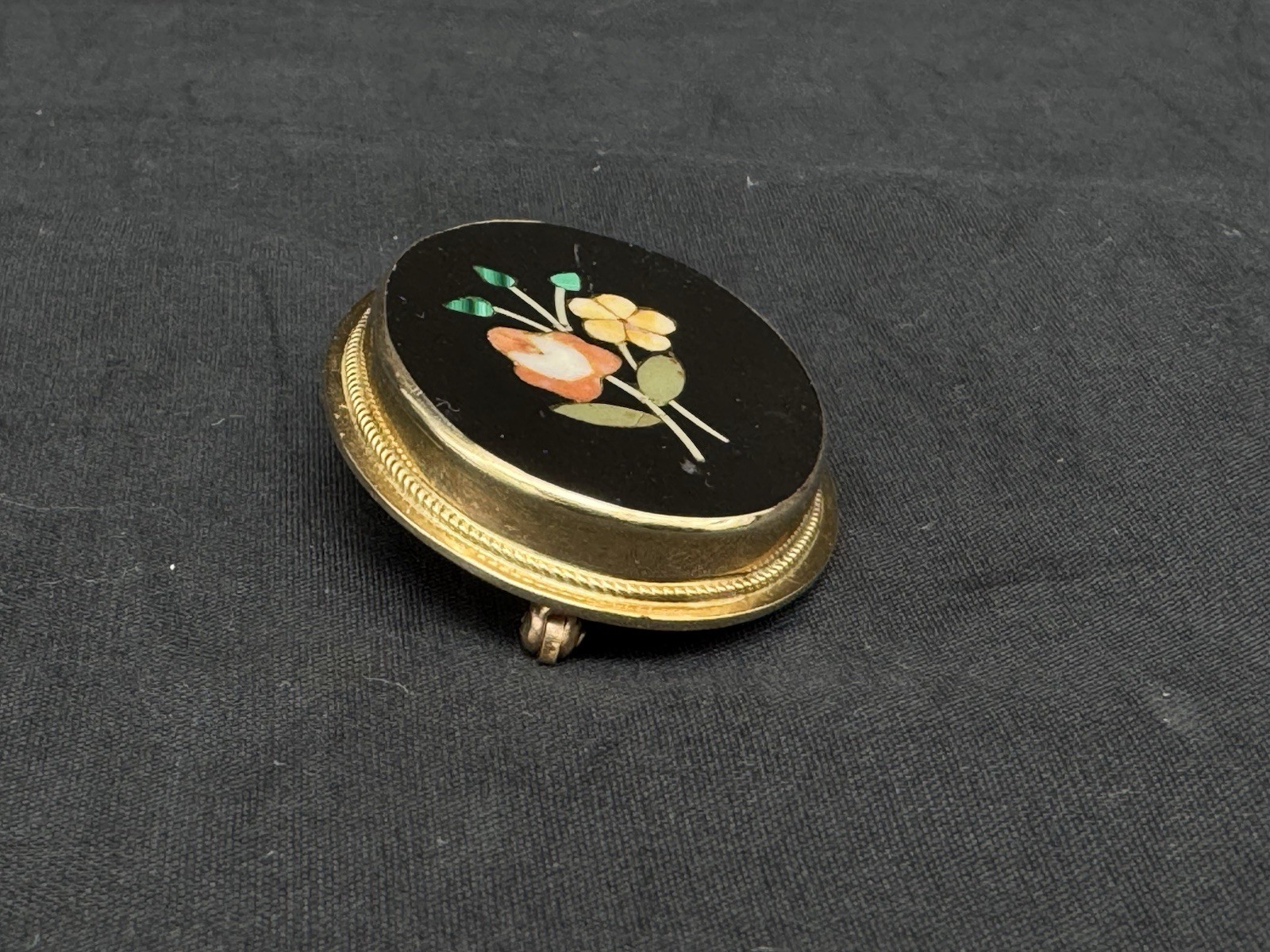 Vintage 14K Gold Pietra Dura Mosaic Multi Stone Floral Brooch Pendant, 7.5 gram