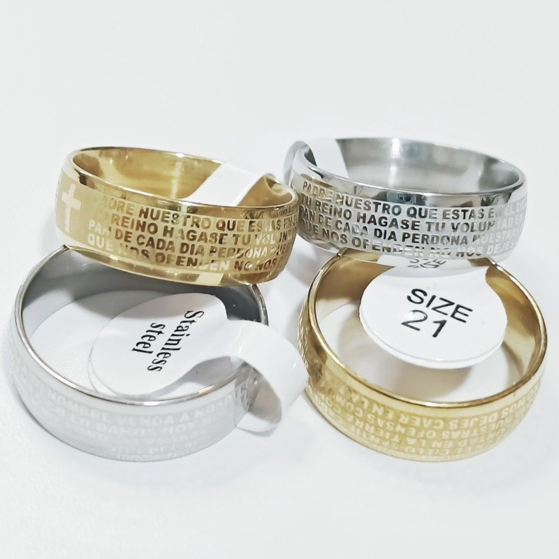 36 Pcs 8mm Spanish Lord’s Prayer Cross Etched Stainless Steel Rings Religious