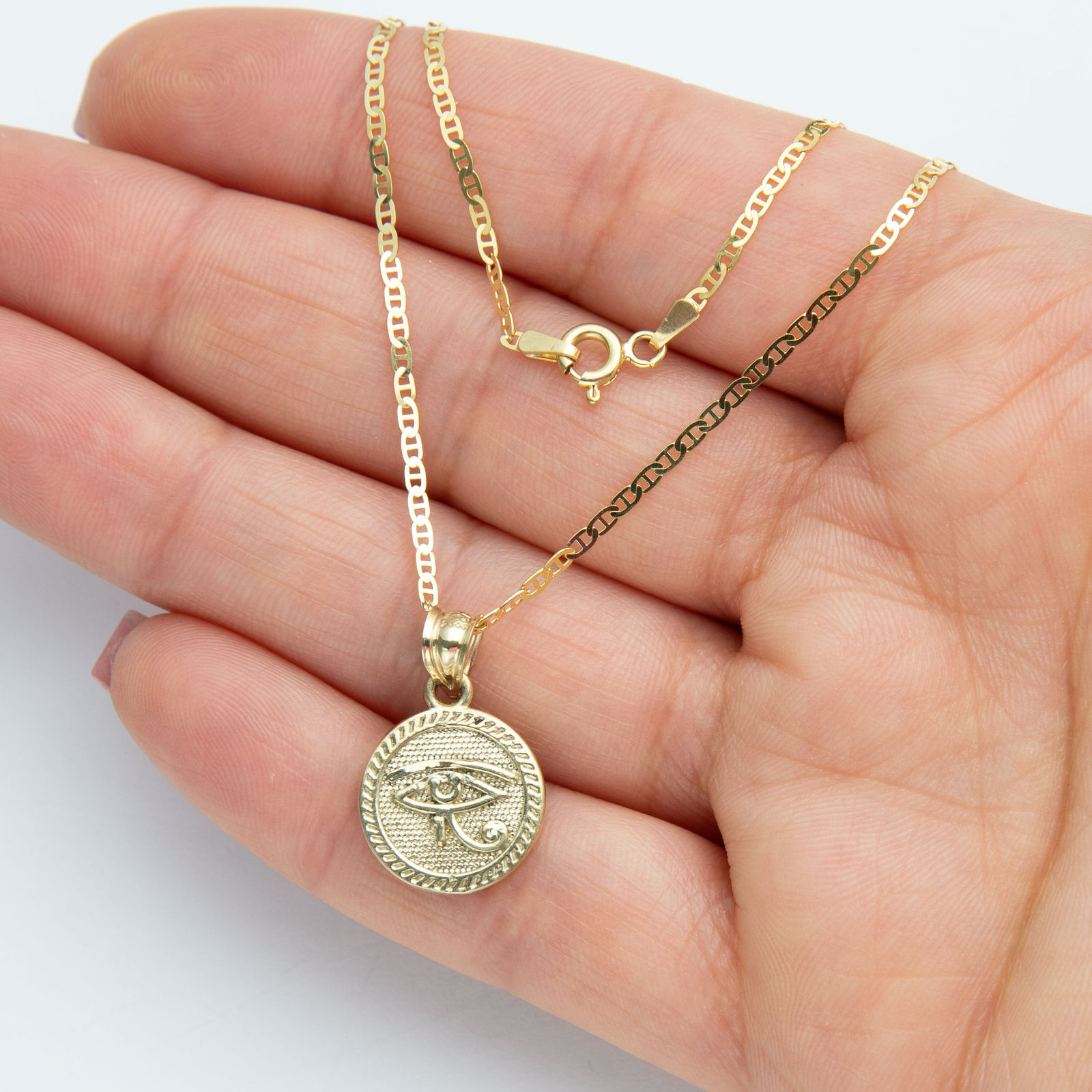 Solid 10K Gold Eye of Horus Pendant Necklace Yellow Gold All Sizes