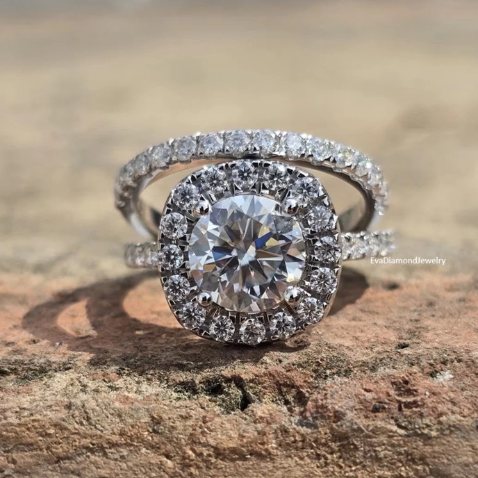 2CTW Round Cut Moissanite Engagement Halo Bridal Set Ring 14k White Gold Plated