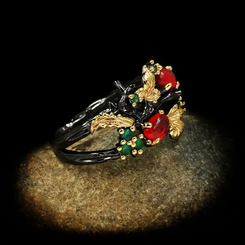 Statement Black Red Ruby Emerald Ring Vintage Leaf Branch Jewelry Size 6-10