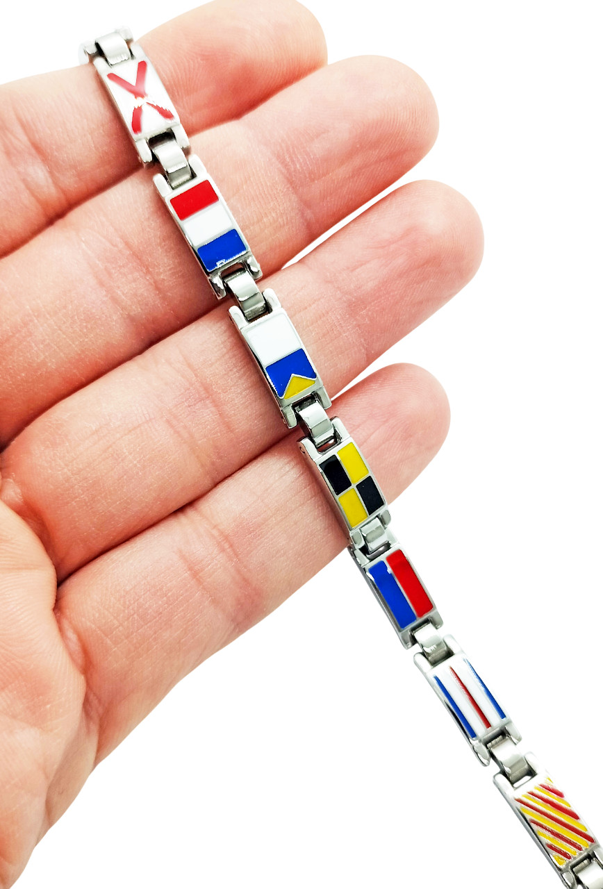 Men Steel Bracelet Nautical Flags Enamel Multicolor Adjustable Clip
