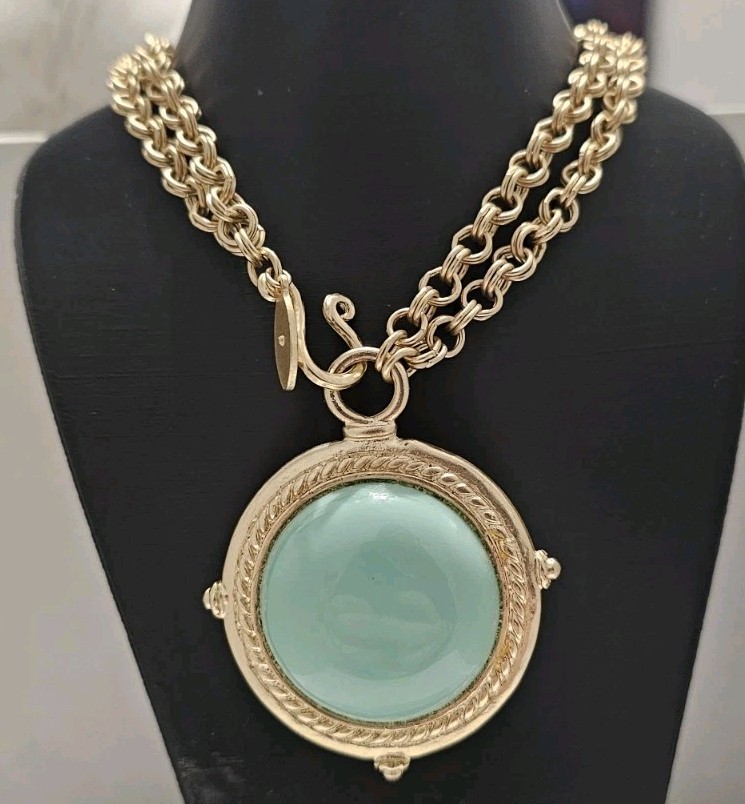 Chico’s Reversible Faux Turquoise Gold Tone Turtle Medallion Necklace Boho Coin