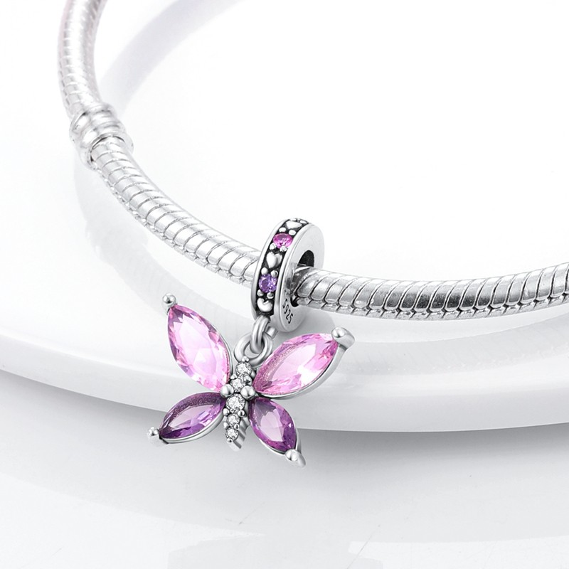 MULA Fashion 925 Silver DIY Charm Pink AAA CZ Butterfly Glass For Women Bracelet
