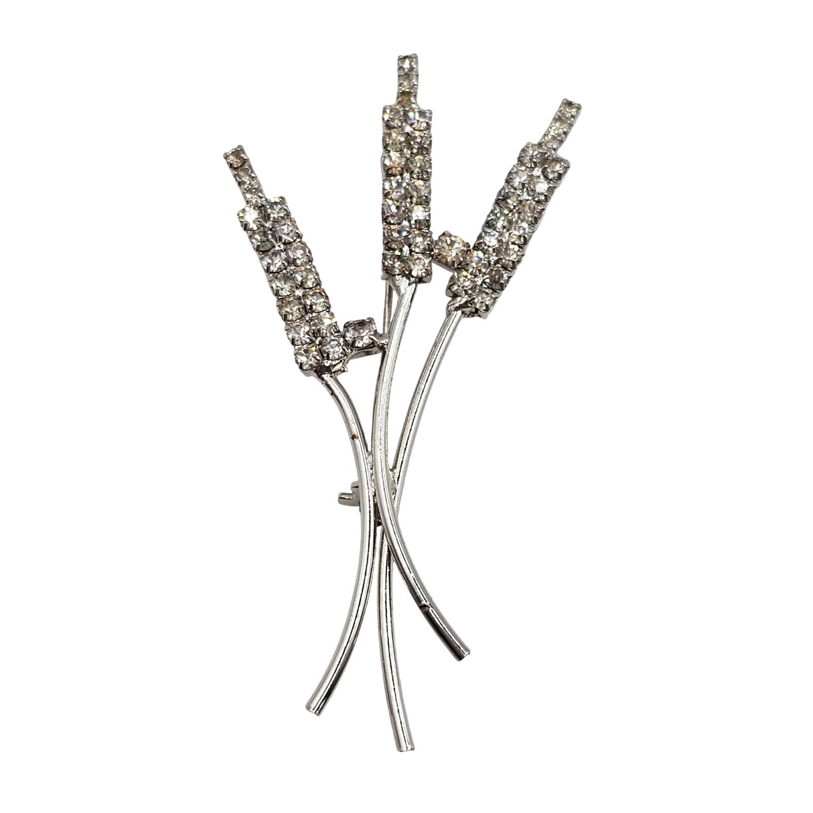 VTG Brooch Botanical Fall Harvest Cattail Silver Tone Floral STMT Rhinestone Pin