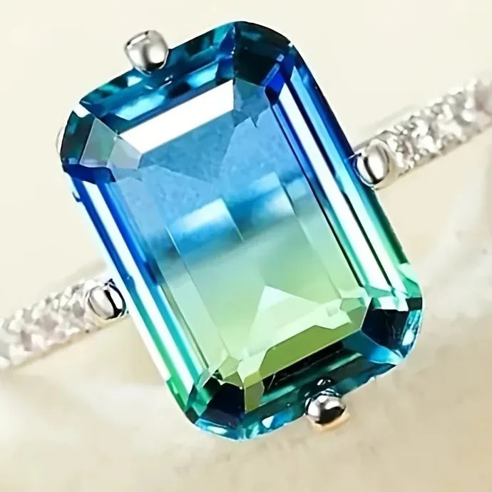 Luxurious Women’s Engagement Ring with Gradient Blue-Green Cubic Zirconia