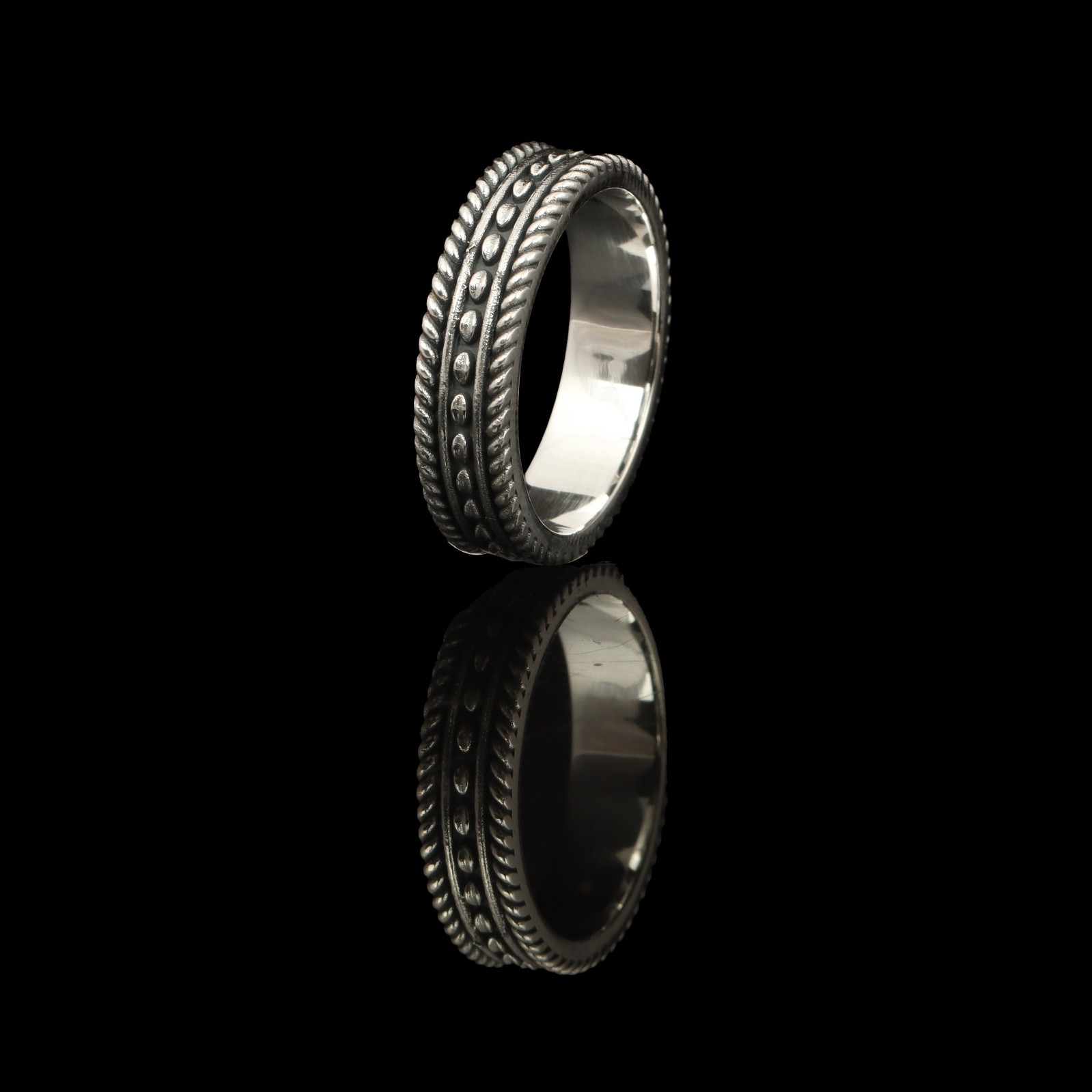 Handcrafted Oxidized Sterling Silver Rope and Beaded Band Ring for Men and Women
