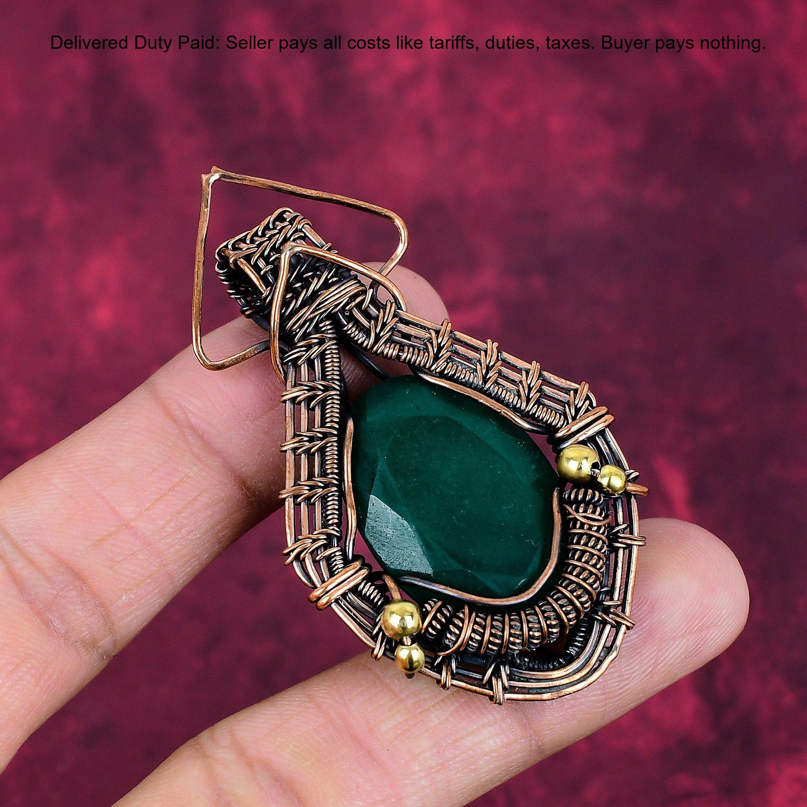 Oval Zambian Emrald Gemstone Designer Wire Wrapped Sister Pendant Jewelry Copper