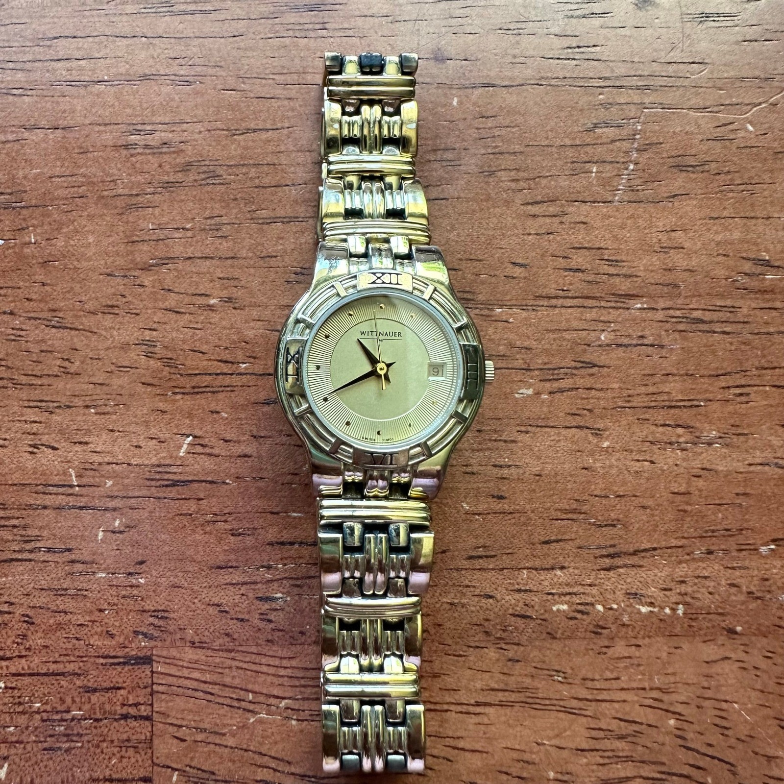 Wittnauer Swiss 11M01 Gold Tone Date Window Textured Dial Link Bracelet Watch