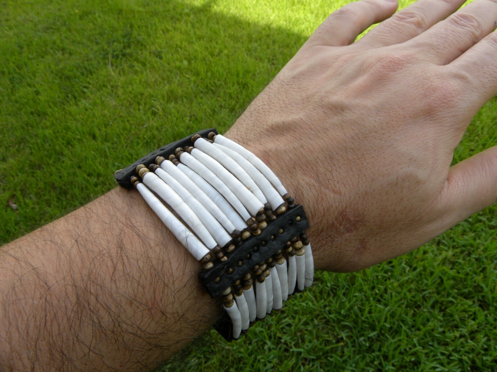 Cuff bracelet good luck dentalium shells Bison leather bone cool Shaman style