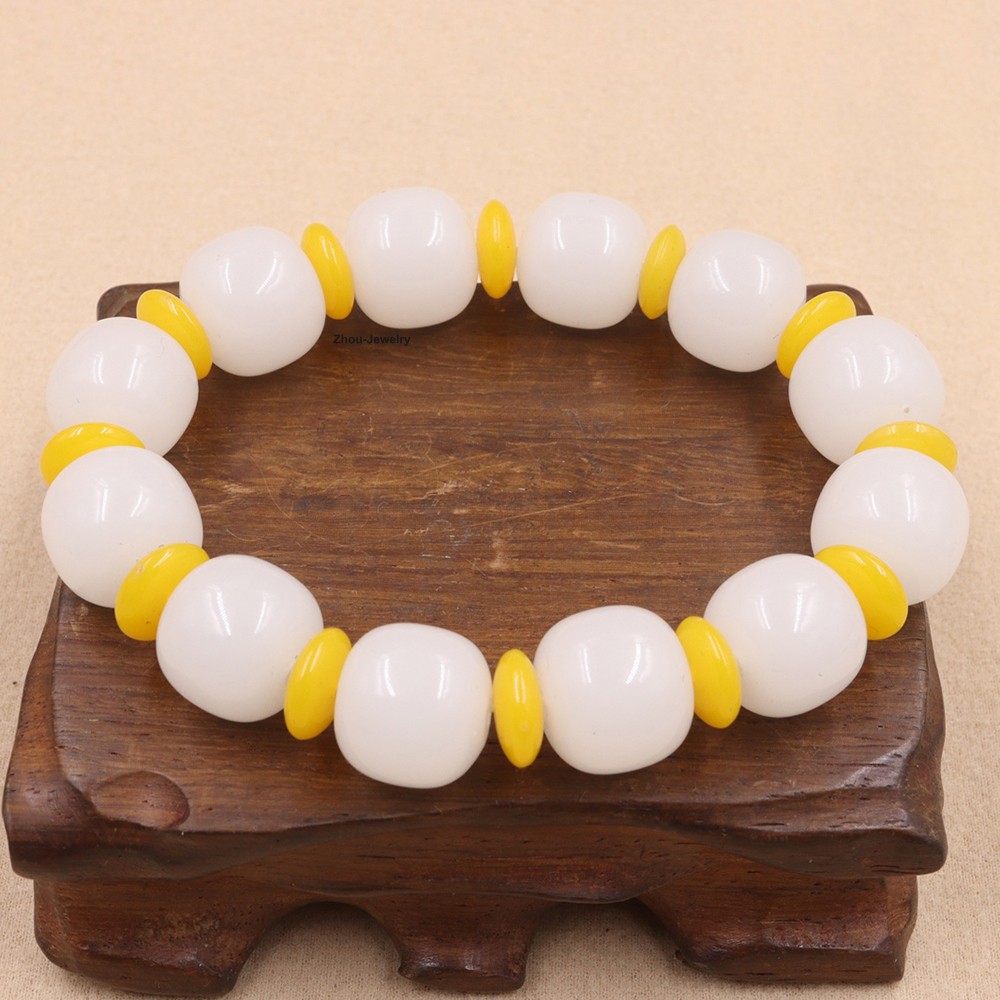 New Chinese White Jade 14mm Barrel Bead Elastic Bracelet Fit Wrist 15-17cm
