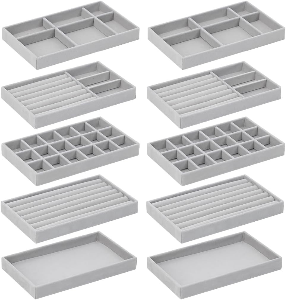 10 Pack Jewelry Organizer Tray Drawer Inserts Stackable Velvet Liner Dividers Cu