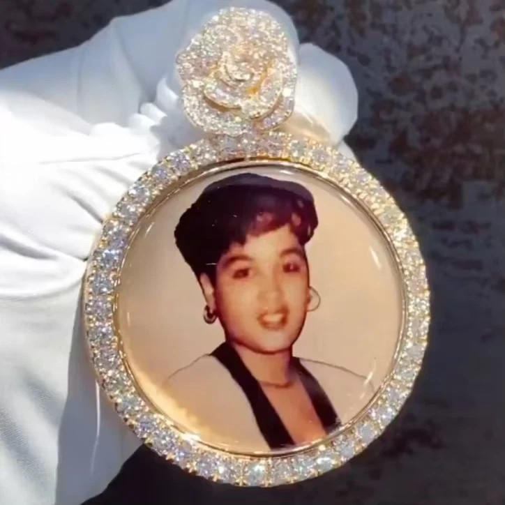 2 Ct Real Moissanite Memorial Photo Circle Custom Pendant 14K Yellow Gold Plated