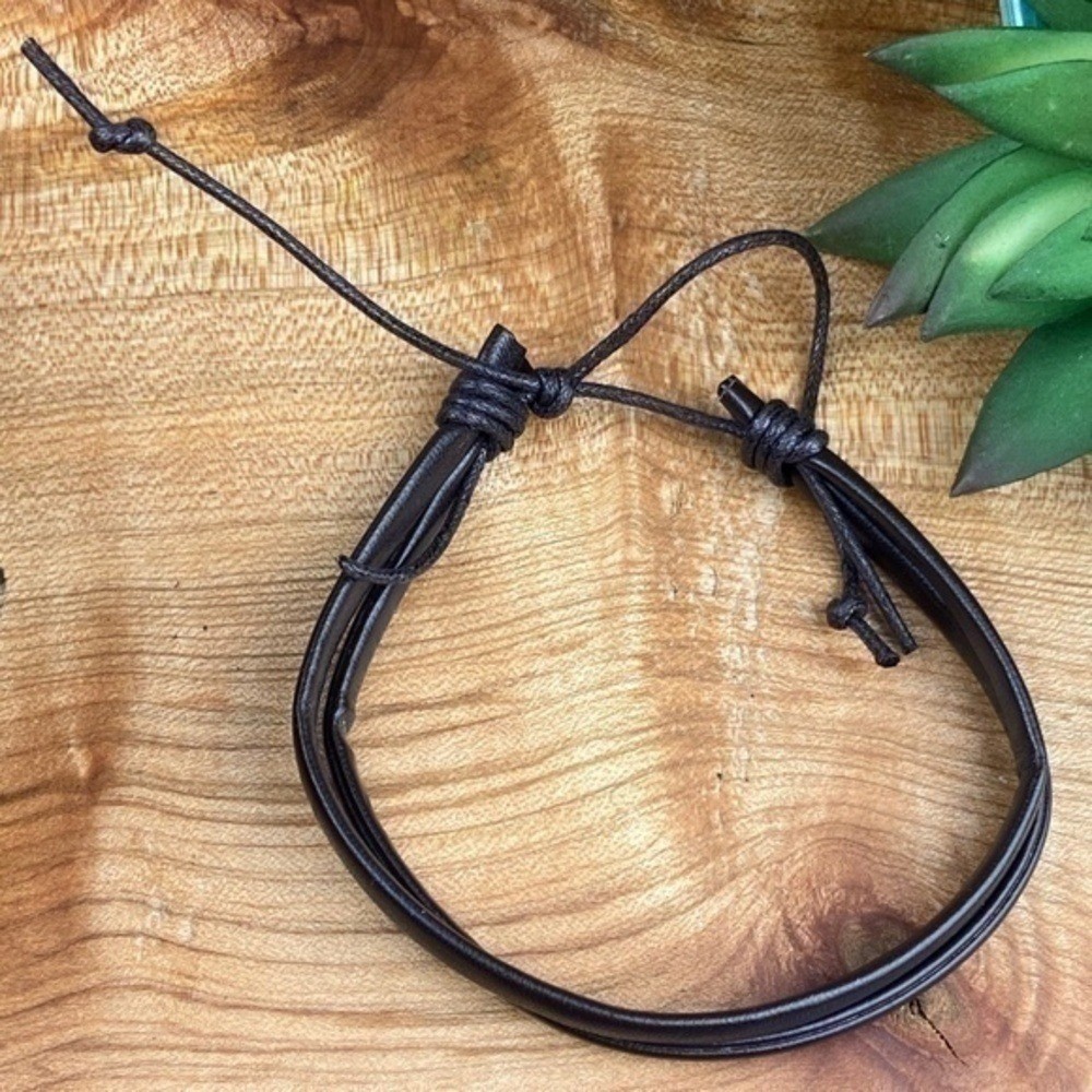 Mens Bracelets Bundle Adjustable Faux Leather and Hemp Matte Onyx Stone Beads