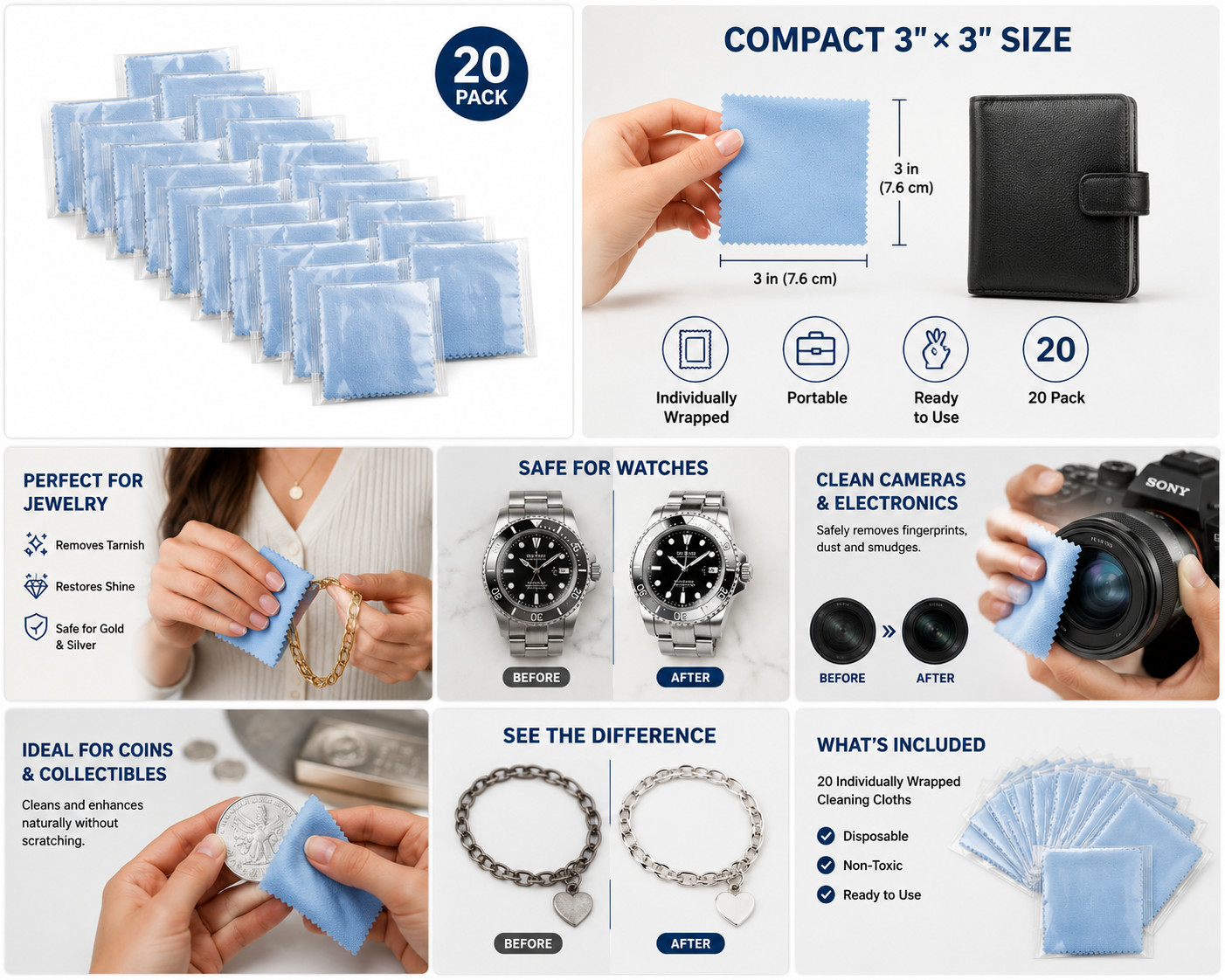 20 Blue Jewelry Cleaning Cloths Individually Wrapped 3×3 Camera Watch Lens Wipes