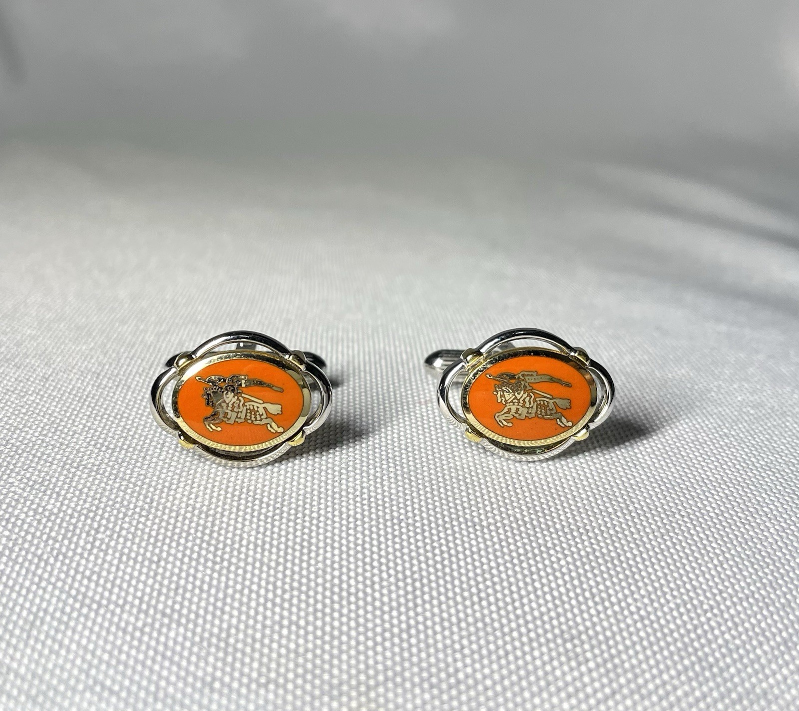 Auth [Beautiful] Burberry Equestrian Knight Logo gold&silver&Orange Cufflinks