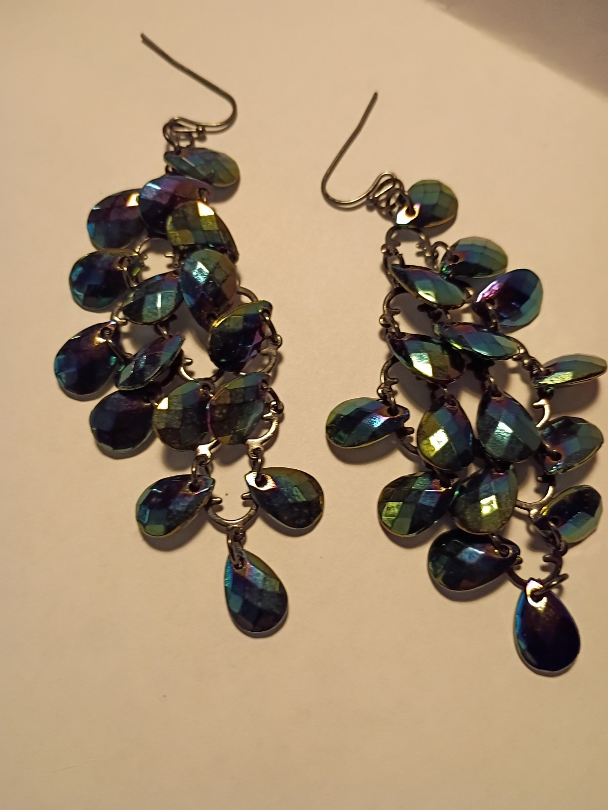 Vintage Iridescent Peacock Chandelier Dangle Earrings