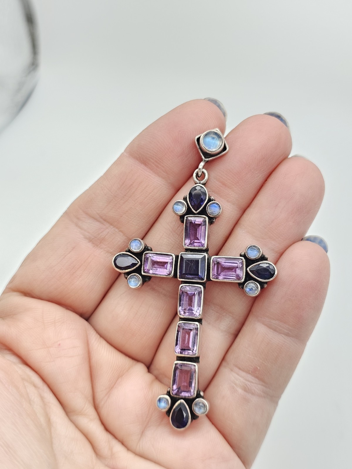 Nicky Butler 925 Silver Cross Pendant Amethyst Iolite Moonstone Signed India 11g
