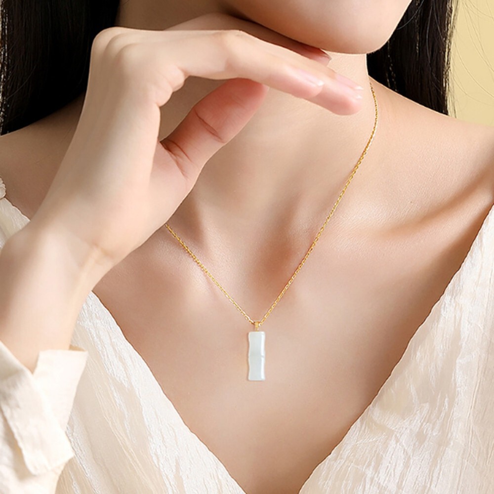 Certified White Natural AAA HeTian Jade 18K Solid Gold Bamboo Pendant Necklace