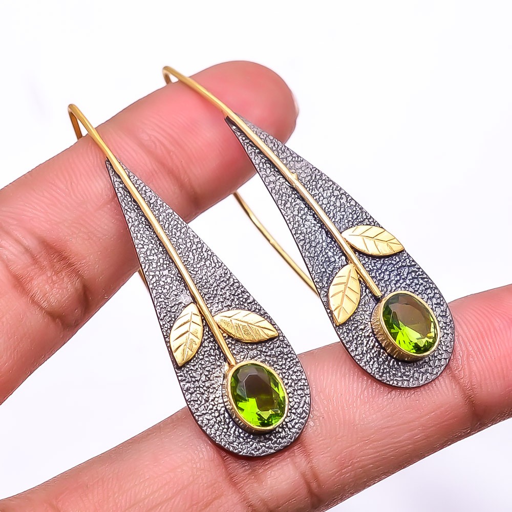 Peridot Gemstone 925 Silver Black & Gold Rhodium Plated Earring 2.15″ E29