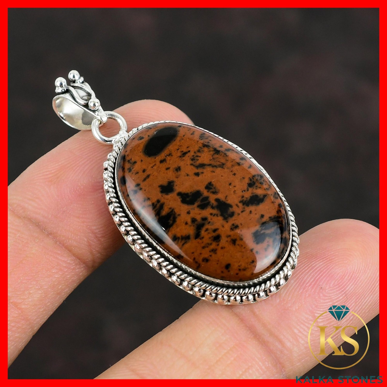 925 Sterling Silver Oval Root Chakra Mahogany Obsidian Stone New Pendant Jewelry