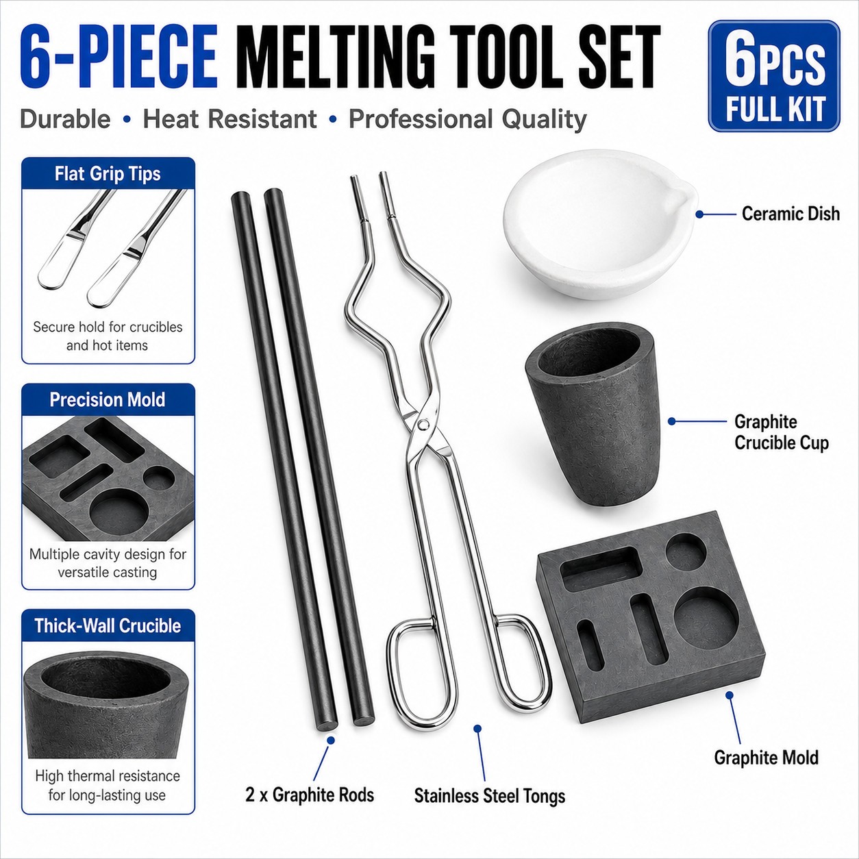 6PCS Gold Silver Copper Melting Refining Kit Graphite Ingot Mold Combo Set