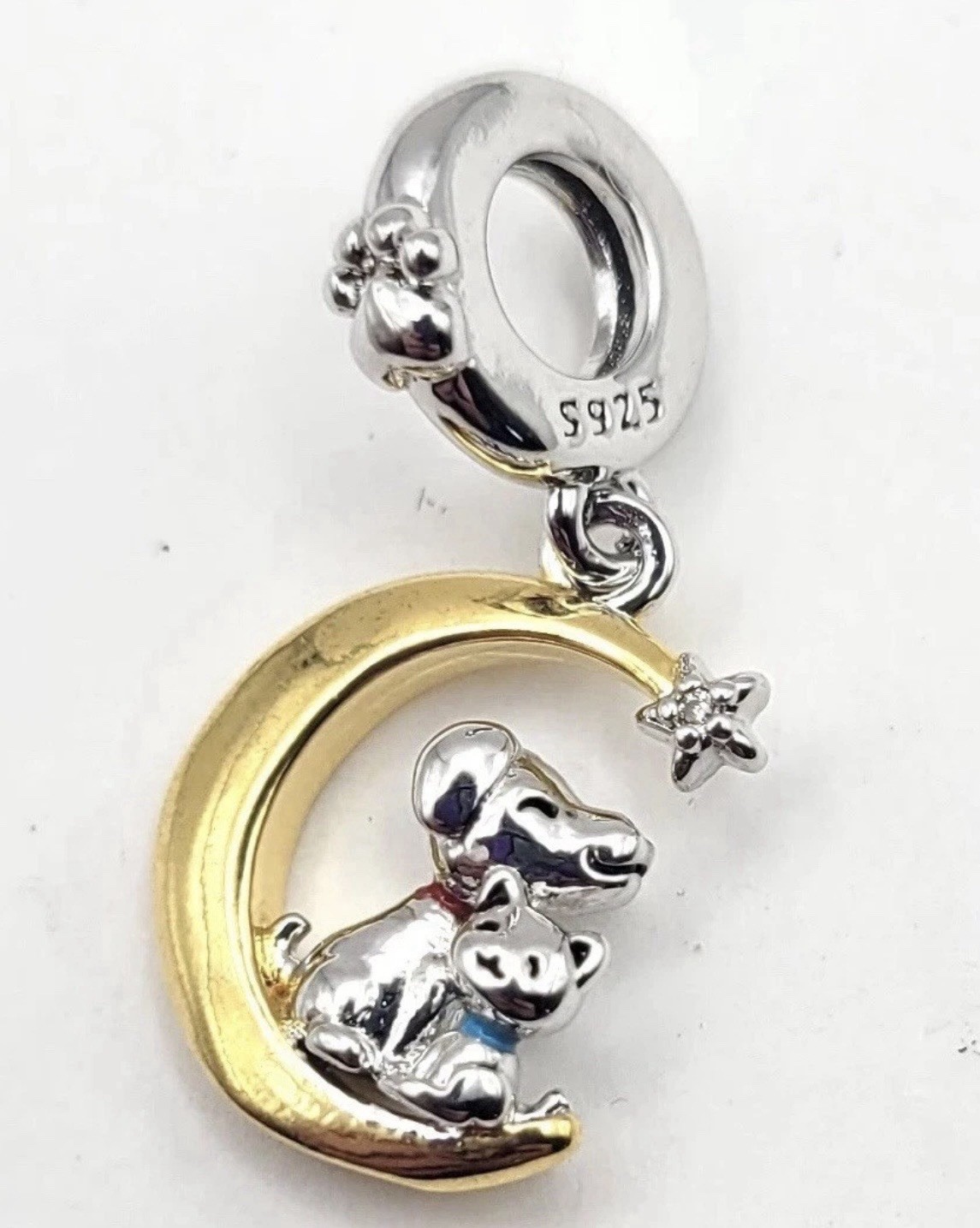 925 Sterling Silver Dog & Cat On Moon Charm Pendant For Bracelet /Necklace