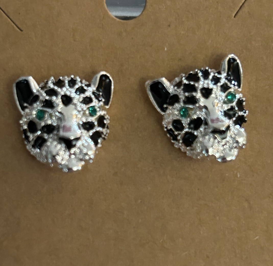 Silver Leopard Head Stud Earrings Clear & Black Crystals Unisex Animal Jewelry