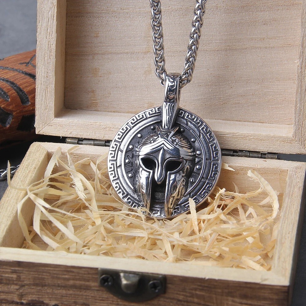 Ancient Greek Warrior Spartan Pendant Stainless Steel Necklace Mens Punk Jewelry