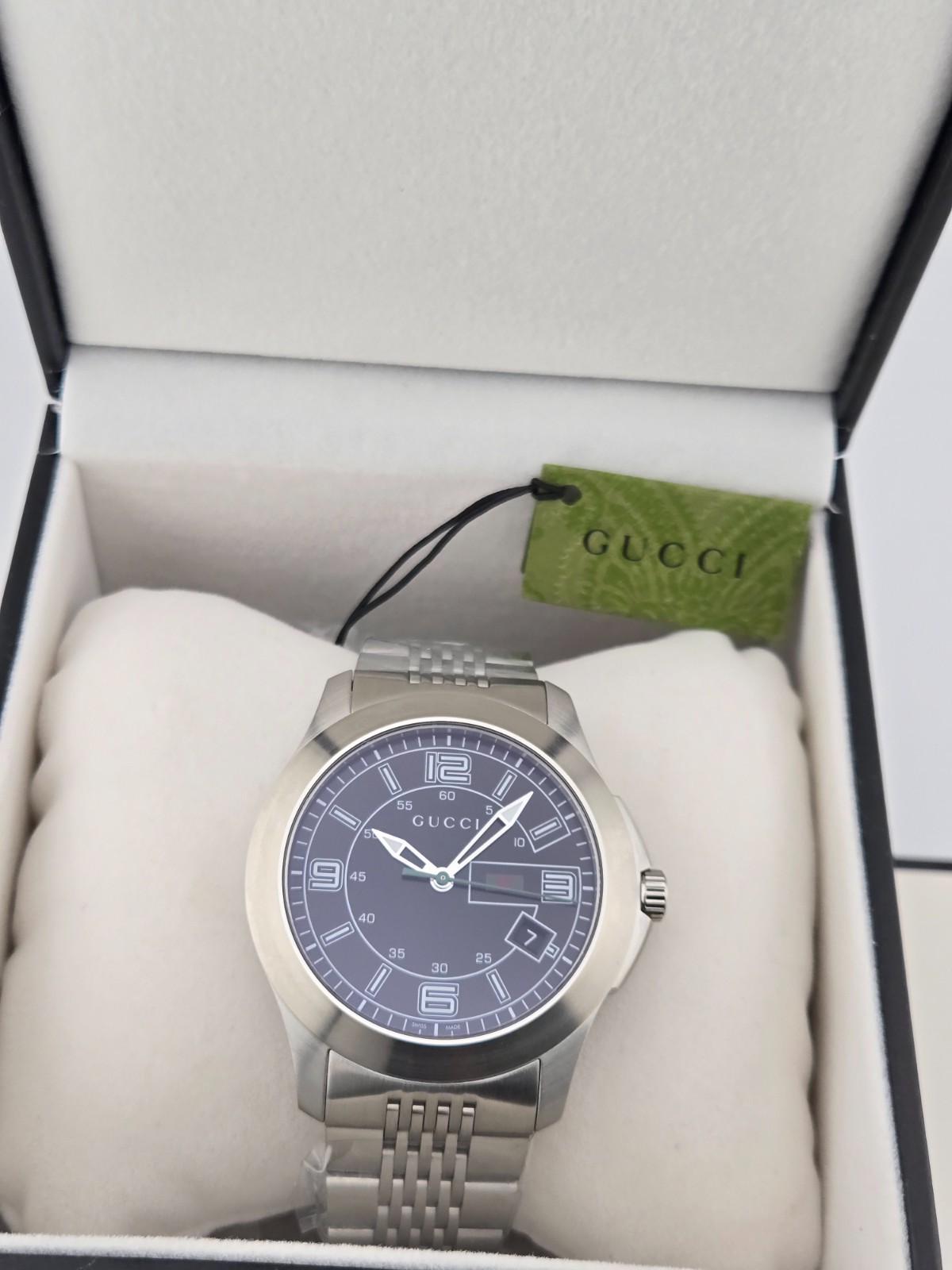 $825 MSRP | Gucci G-Timeless Men’s Black Dial Stainless Steel Watch – YA126201