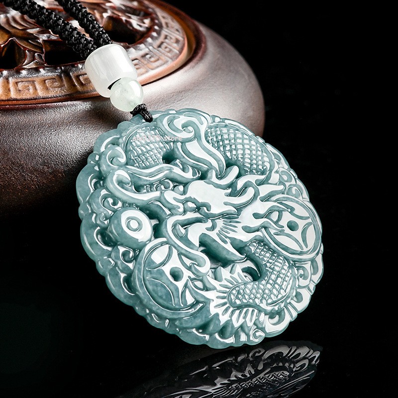 Natural Grade A Jade Jadeite Blue Water Women’s Men Round Ziodiac Dragon Pendant