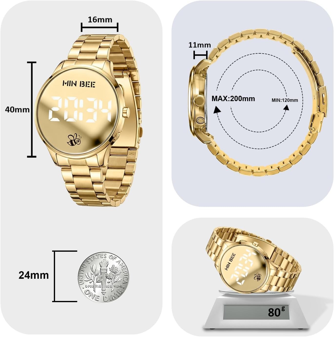 Stylish 40mm Digital Watch – Large Display, Adjustable Stainless Steel Band