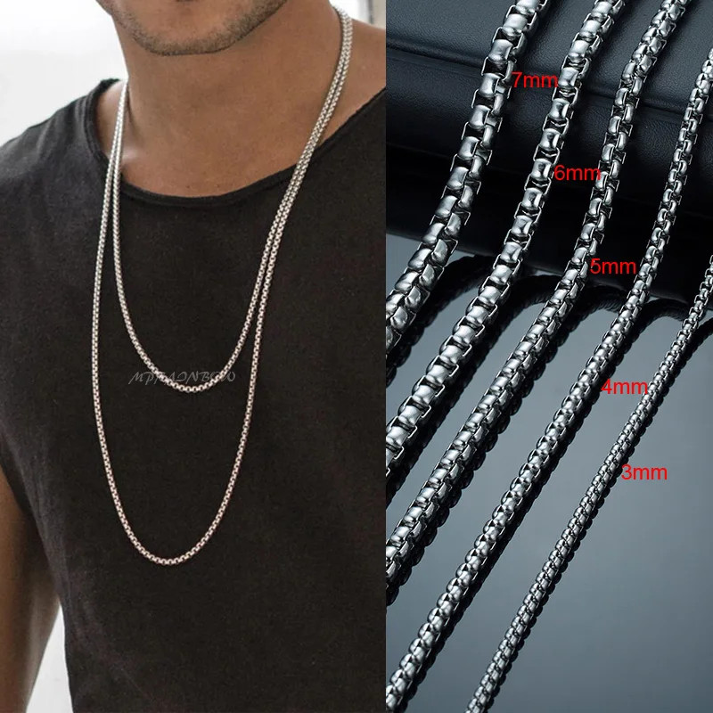 Round Box Chain for Men Boys,Gold Silver Black Plated Stainless Steel Chain Coll